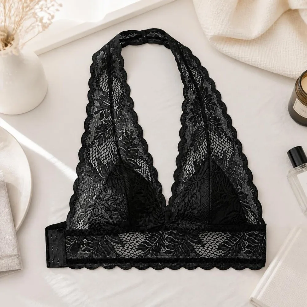 Underwear Hanging Neck Lace Push-Up Bra Mesh Transparent Seamless Halter Bra Beauty Back Ultra Thin Wireless Bra Women