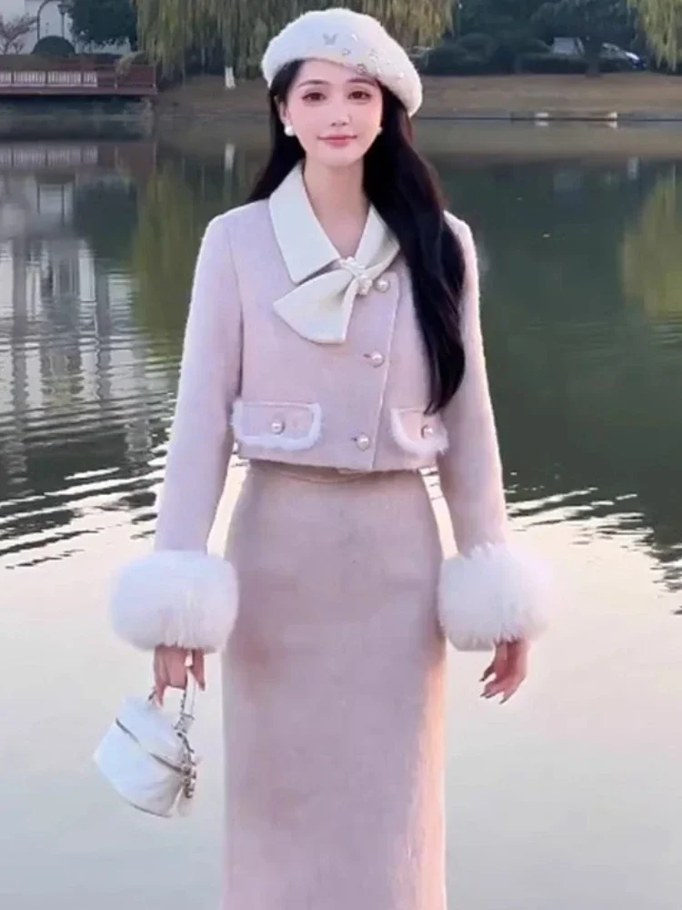 Elegant Pink Woolen Suit Autumn/Winter New Pearl Woolen Sleeve Splicing Short Coat+Split Long Skirt Slimming 2-Piece Set Women