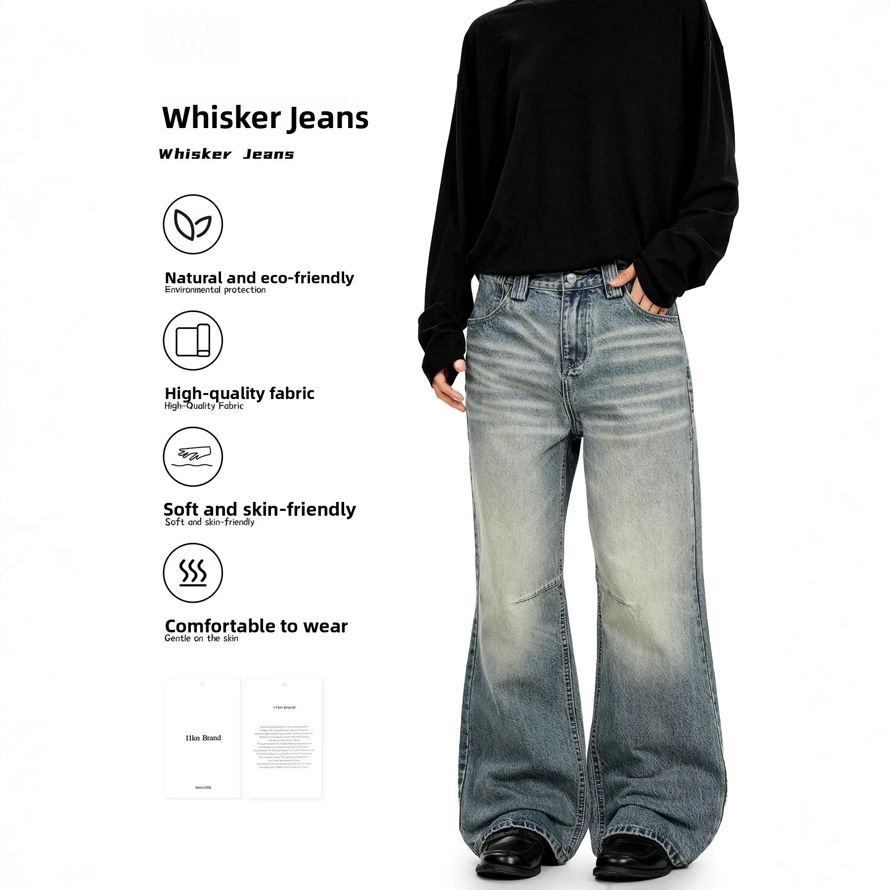 

American Retro Jeans Men Women Waed out Design Wide Leg Casual Long Pants Cotton Elastic Fabric Youth Loose Straight