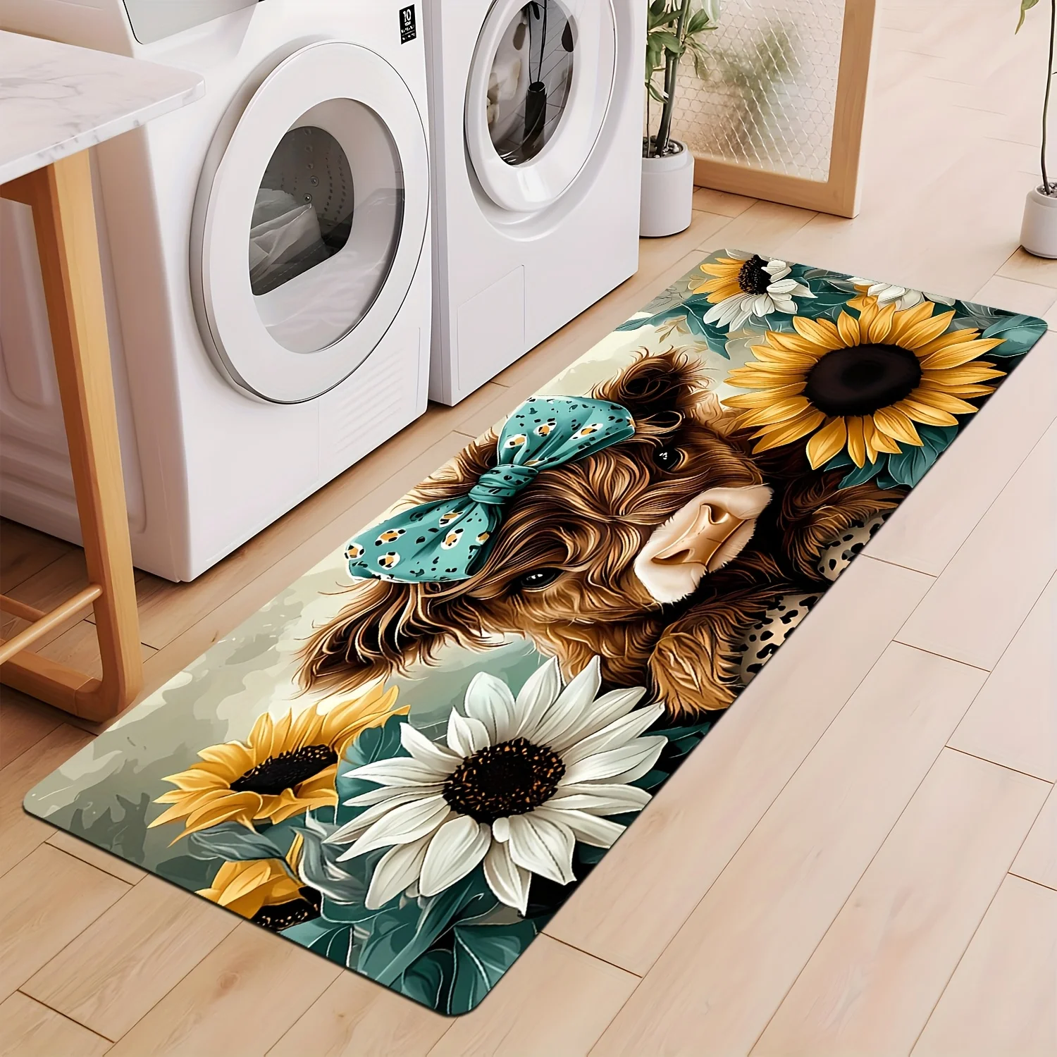 Cute Highland Cow Sunflower Print Diatomaceous Earth Kitchen Mat, Non-Slip Oil-Proof Waterproof Stain Resistant Long Floor Rug