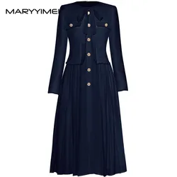 MARYYIMEI Fashion Designer Autumn Women's dress Long sleeved Button Tweed Patchwork Pleated Youth beautiful and playful Dresses