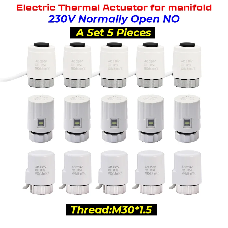 Atuador térmico elétrico para o aquecimento Underfloor, 230V, normalmente aberto, NÃO, M30 * 1.5mm, distribuidor, 5 PCes