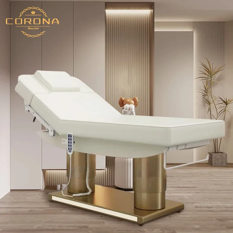 

Luxury Salon Furniture White Gold Electric Facial Cosmetic Beauty Massage Bed Table