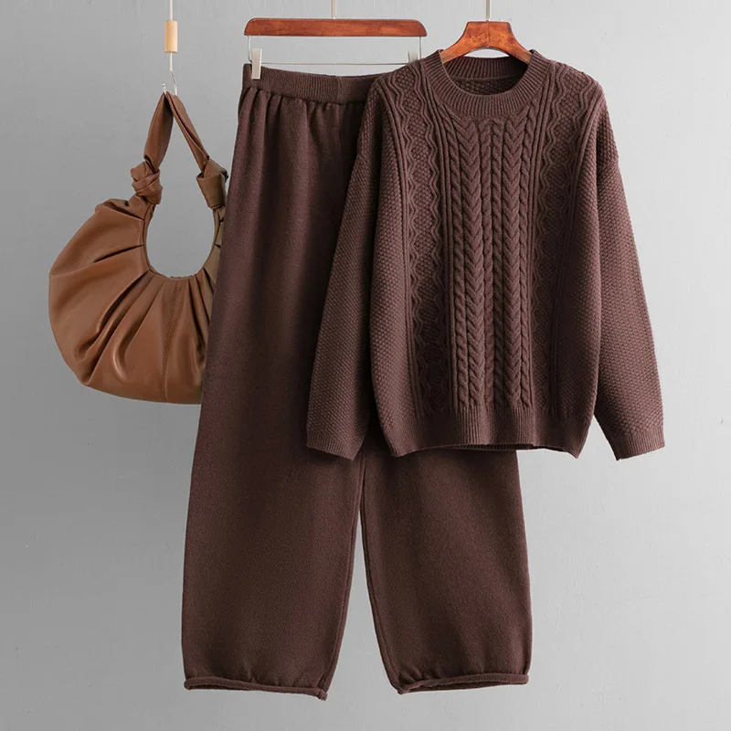 Muslim Women 2 Piece Sets Pullover Sweater Wide Leg Pants Ensemble Casual Knitwear Outfits Autumn Winter Knitting Suit 2025