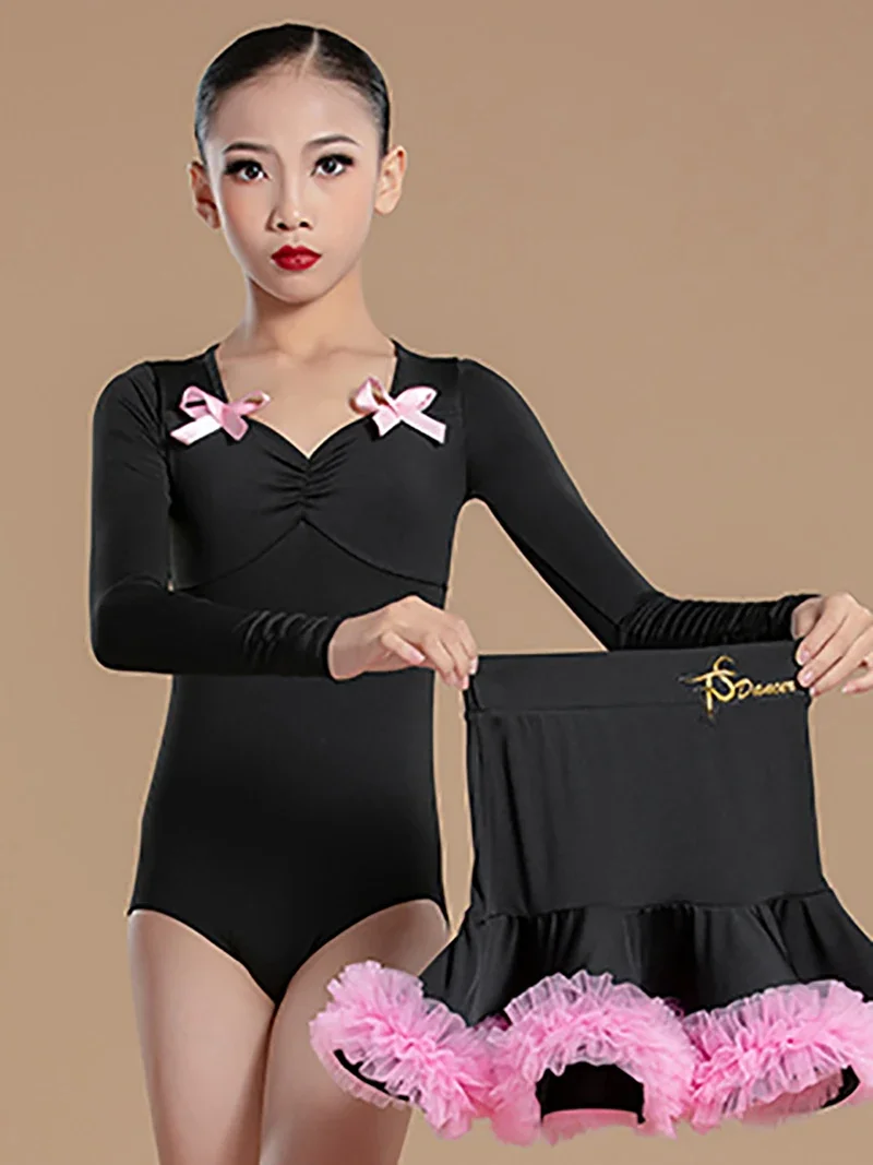 Vêtements de danse latine pour enfants filles, body à manches longues et grandes jupes en mousseline de soie, vêtements de danse pour spectacle sur scène, Costume Chacha Rumba