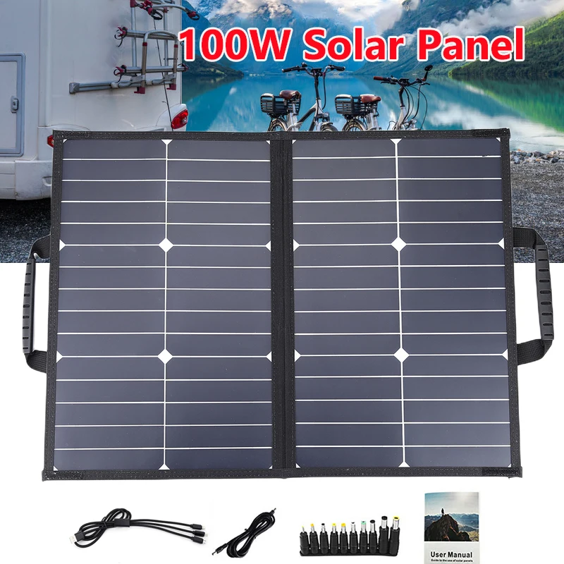 100W 18V Sunpower Cell Solar Panel Folding Bag with Bracket Dual Fast Charge+type-C+DC Interface for Traveling Camping Hiking