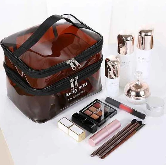 1Pc Double layer transparent makeup bag, large capacity portable toiletries bag box, waterproof cosmetics travel storage bag