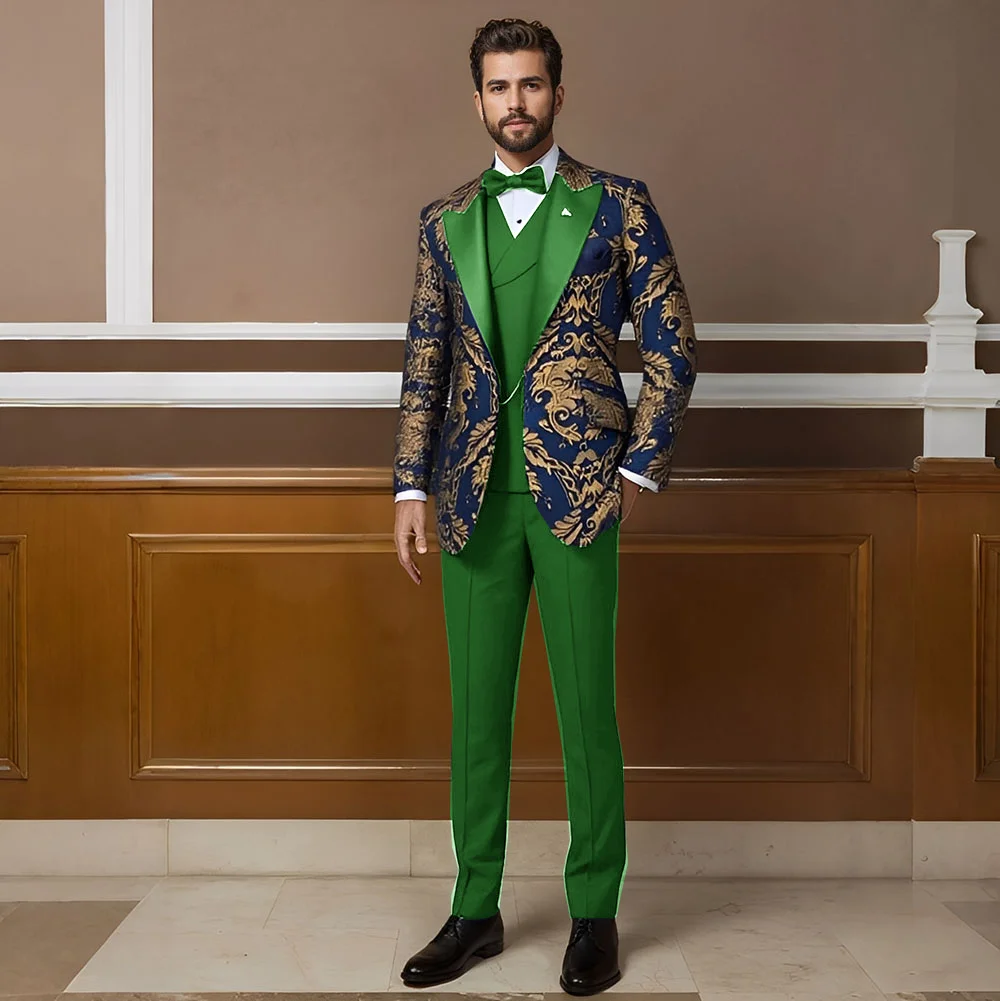 Formal Men's Suit 3 Pieces Set Slim fit Gold-Stamped Jacket Wedding Groom Tuxedo Outfit Fashion Party Dress Suit for Men