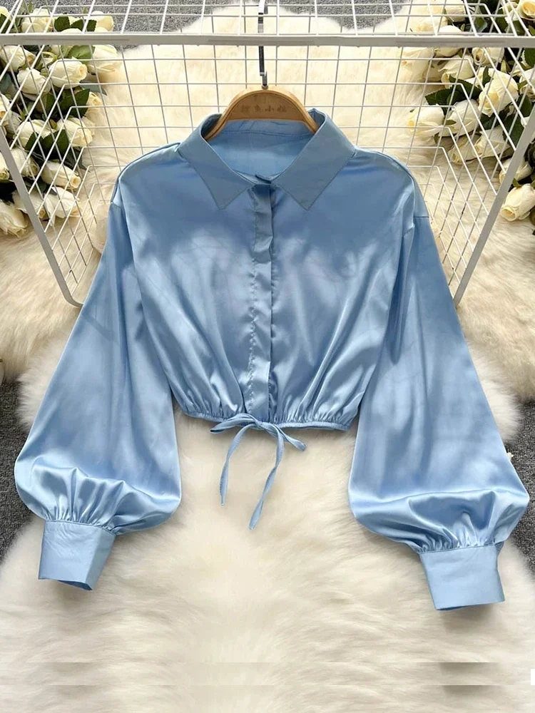 2024 New Temperament Fashion Women's Sexy Satin Shirt Bow Tie Lace Lapel D Lantern Sleeve Slim Short Top UK798