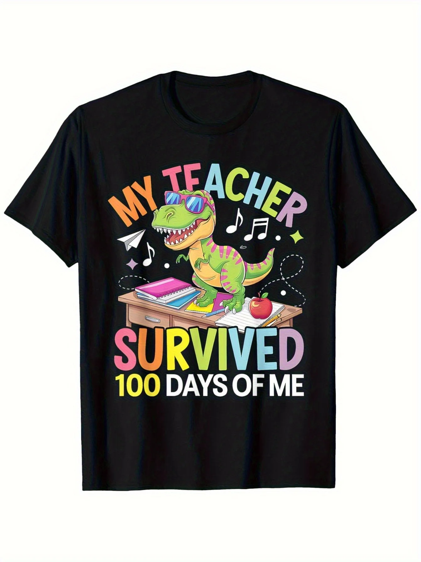 Boys 100 Days Of School Dinosaur Explosion Print T‑Shirt, Soft Cotton Black Street‑Style Kids Top