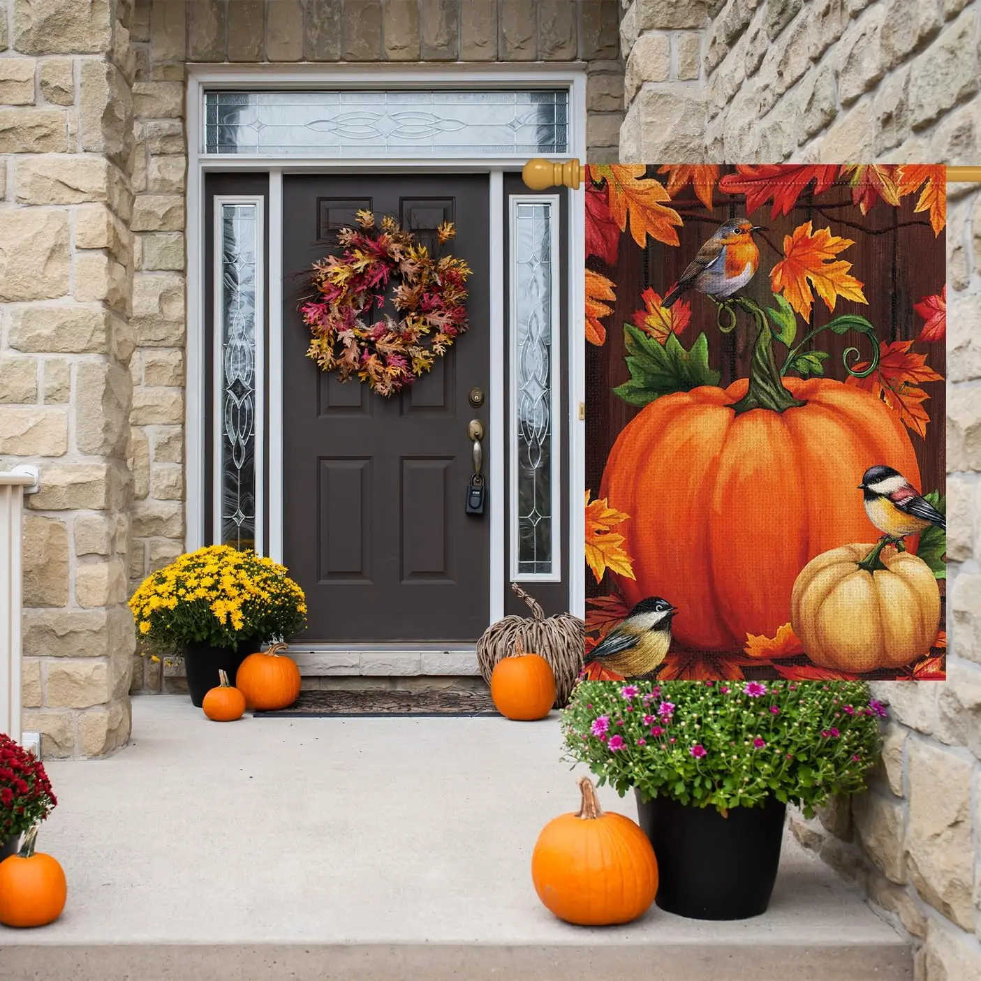 Louise Maelys Welcome Fall Garden Flag 28x40 Inch Thanksgiving Pumpkin and birds Large Burlap Double Sided Outdoor Yard Flag jjp
