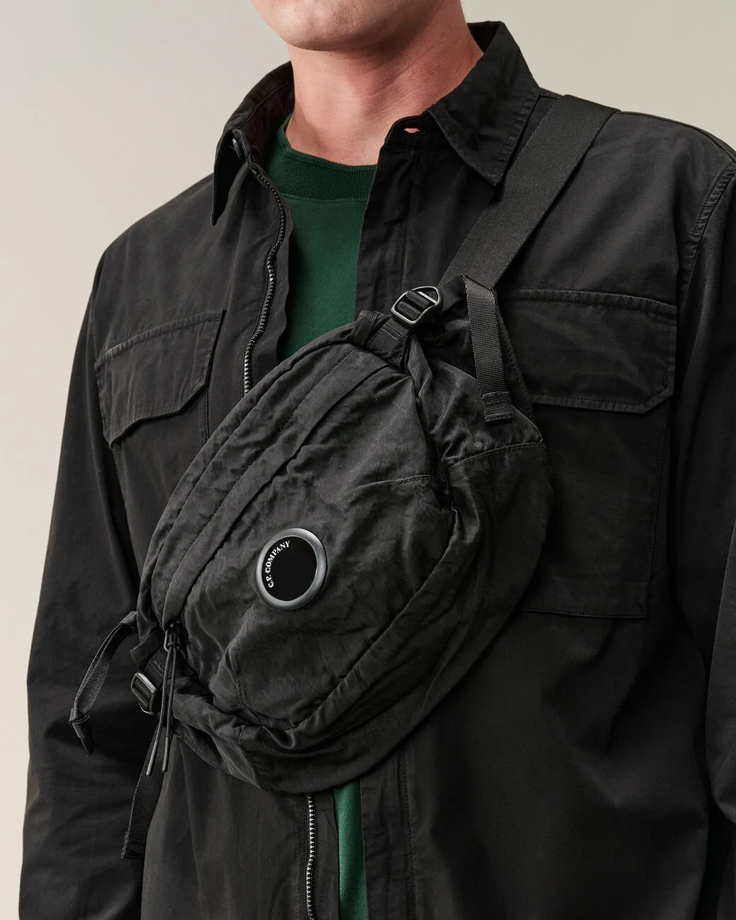 C.P. Company Black Nylon Waist Bag - Men’s Crossbody Chest Pack, Outdoor Techwear Style, Compact & Portable