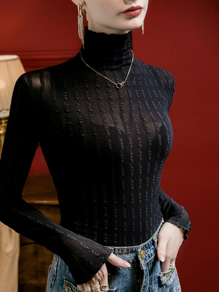 

High Neck Striped Jacquard Lace Base For Women, Slim Fit 2025 Autumn And Interior Black Winter Long Sleeved Top, Small Shirt