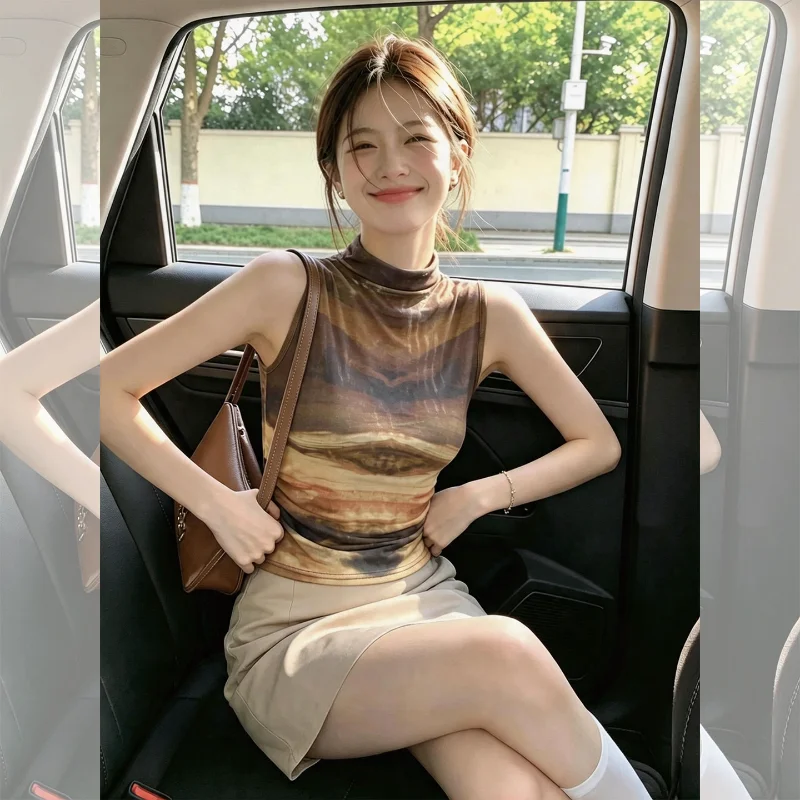 Spicy Girl Halter Neck Sleeveless Vest Print Top Women's Summer OOTD Casual Wear Polyester Fiber round Neck H-Shape Vest