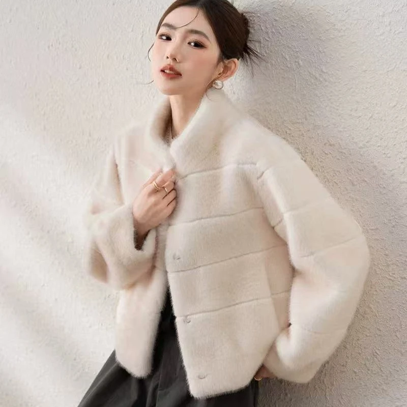 Winter Fashionable French Elegant Environmentally Friendly Mink Fur Imitation Coat Women's Short Standing Collar Casual Jacket
