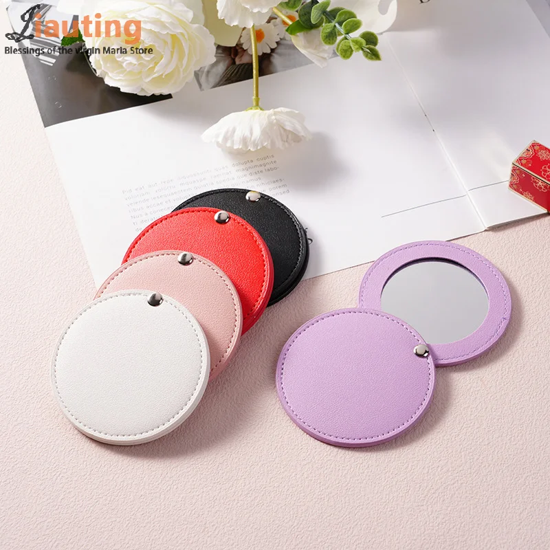 Espelho de maquiagem redondo ultrafino de couro pu, espelho cosmético de dupla face de aço inoxidável, espelho compacto de bolso dobrável para viagens