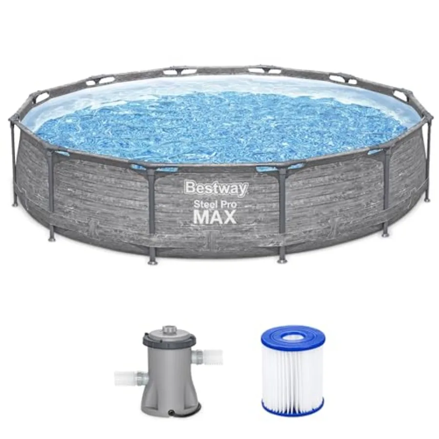 Steel Pro MAX Juego de piscina redonda sobre el suelo de 12' x 30 Piscina familiar con estructura metálica para exteriores con revestimiento y bomba de filtro Gris