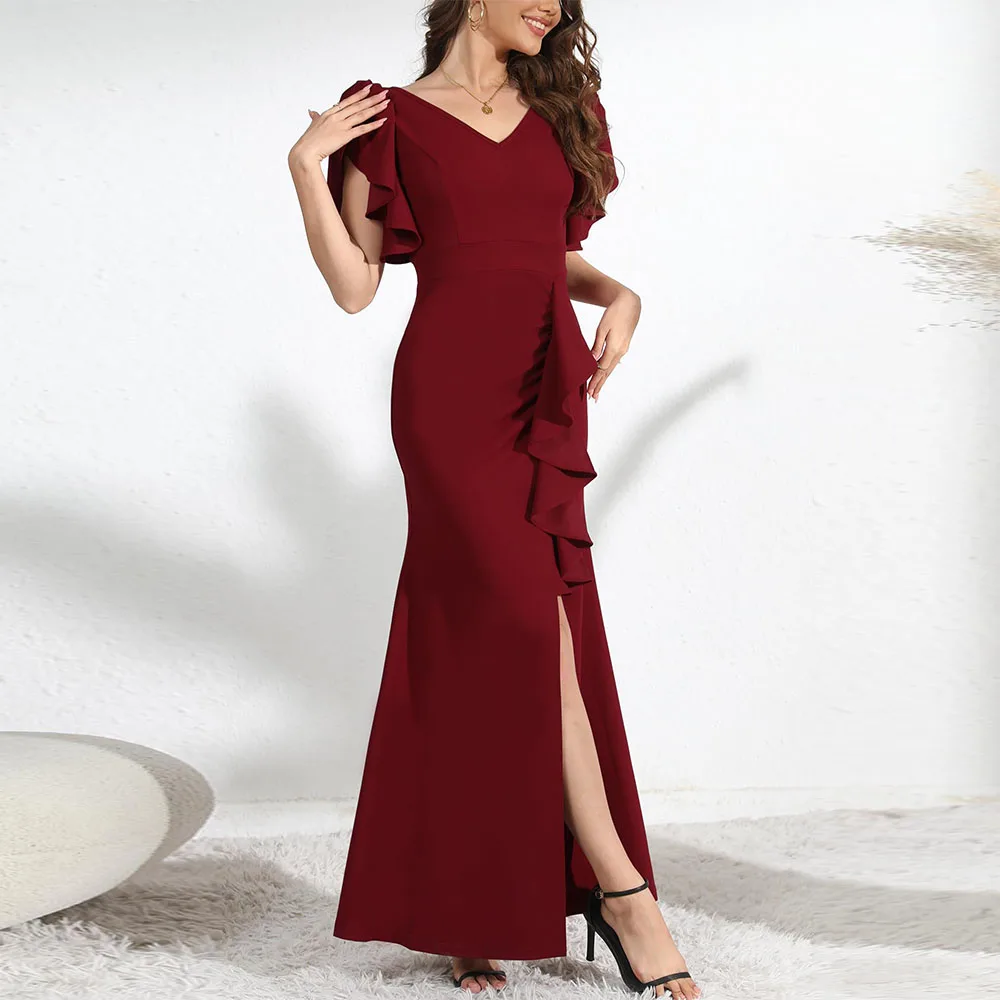 

Customized Sheath Mother of The Bride Dresses Formal Gowns For Wedding Guest Dresses Long V-Neck Ruffle Short Sleeve