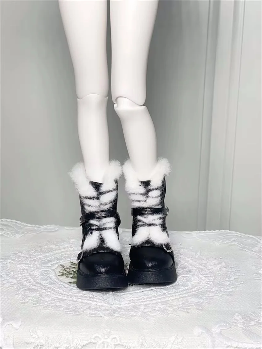 BJD دمية أحذية الفتيات أنيقة 1/4 جولة تو سميكة سوليد لينة حذاء من الجلد الهدايا منتصف العجل أبيض أسود حزام فروي إكسسوارات دمي #6