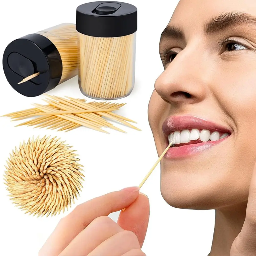 Flip Over Carbonized Bamboo Toothpick Double Head with 500 Natural Wood Toothpicks Teeth Cleaning Tool Portable Home Decoration