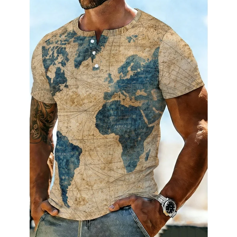 

Retro Map Pattern Grandpa Shirt For Men Ethnic 3D Printed T-Shirts Summer Street Tops Short Sleeve Tees Stand Collar Polo Shirts