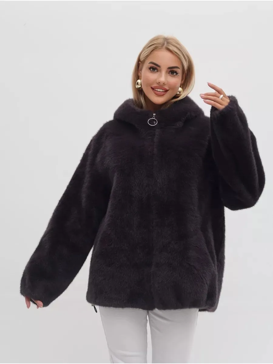

Women's eco-friendly fur and plush coat, winter zipper hooded cardigan, fur coat, windproof and warm sweatshirt