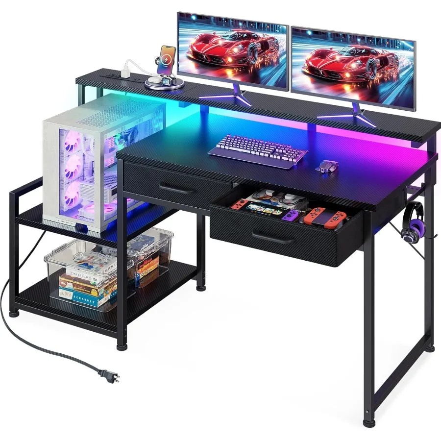 

48 Inch Gaming Desk with Led Lights Power Outlet Carbon Fiber Black Office Desk with Drawers and Large Display Storage Shelves
