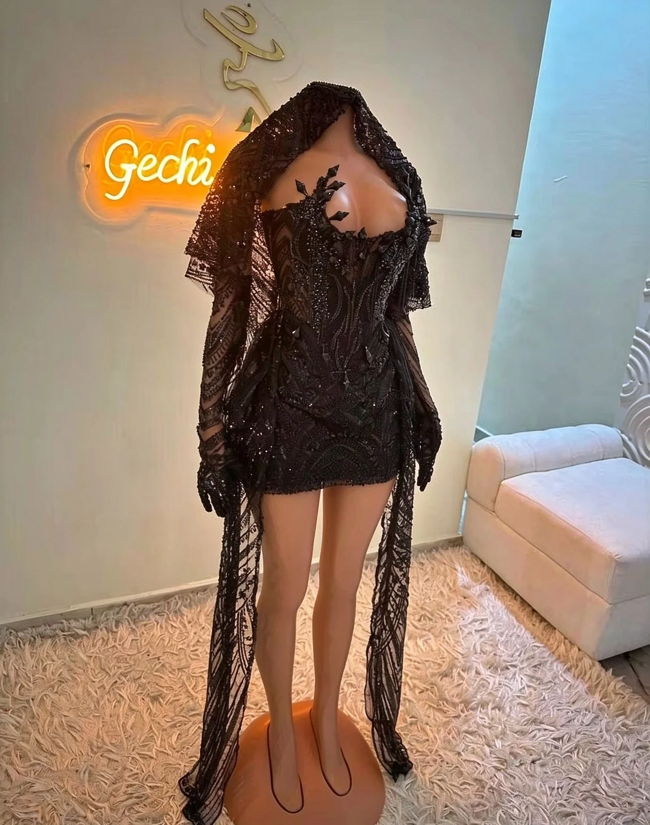 New Customized Shiny Black Luxury Mini Short Prom Dresses With Glove For Black Girl Sparkly Party Gown Mini Cocktail Robe De Bal