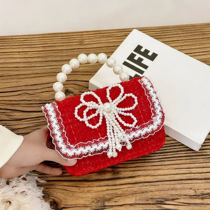 Bolso de mano de princesa rojo Grace de lujo para niña, muñeca 3D con lazo de perlas, regalos de Año Nuevo para niños, bolso cruzado turístico para guardería