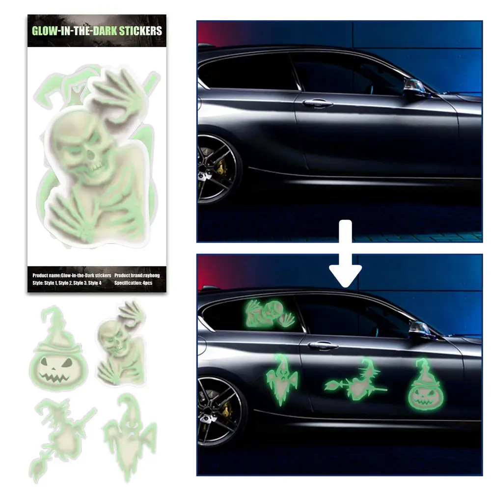 4Pcs Halloween Luminous Stickers Car Decorations Decorative Stickers Ghost Skeleton Witch Fluorescent Horror Atmosphere