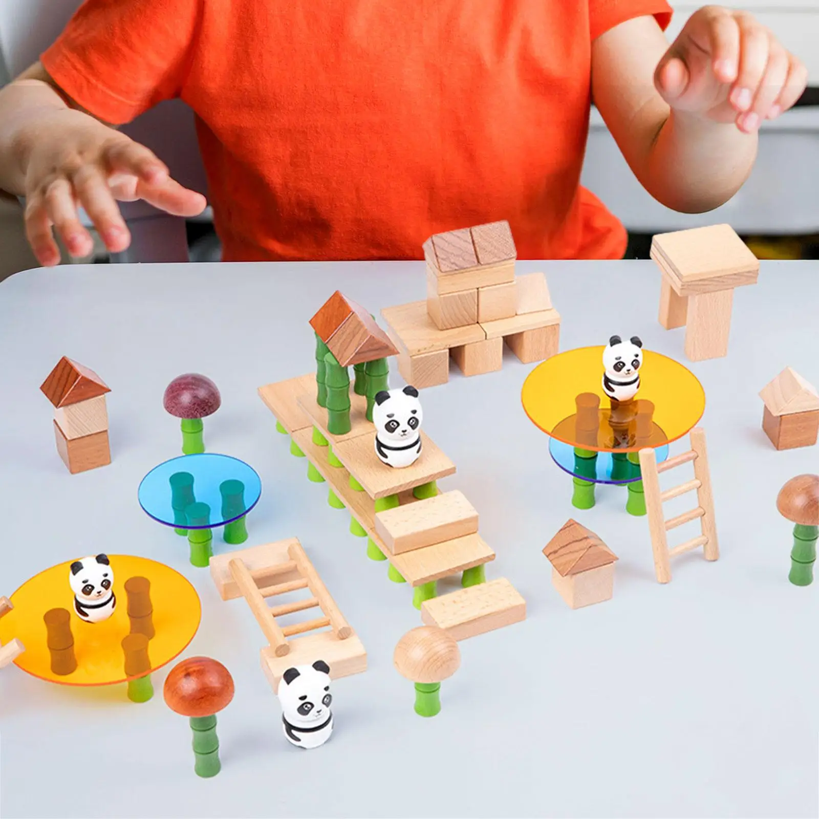 Drewniane klocki do układania klocków, kreskówka Panda Stack buduj i przechowuj klocki, gra edukacyjna Montessori dla rodzin