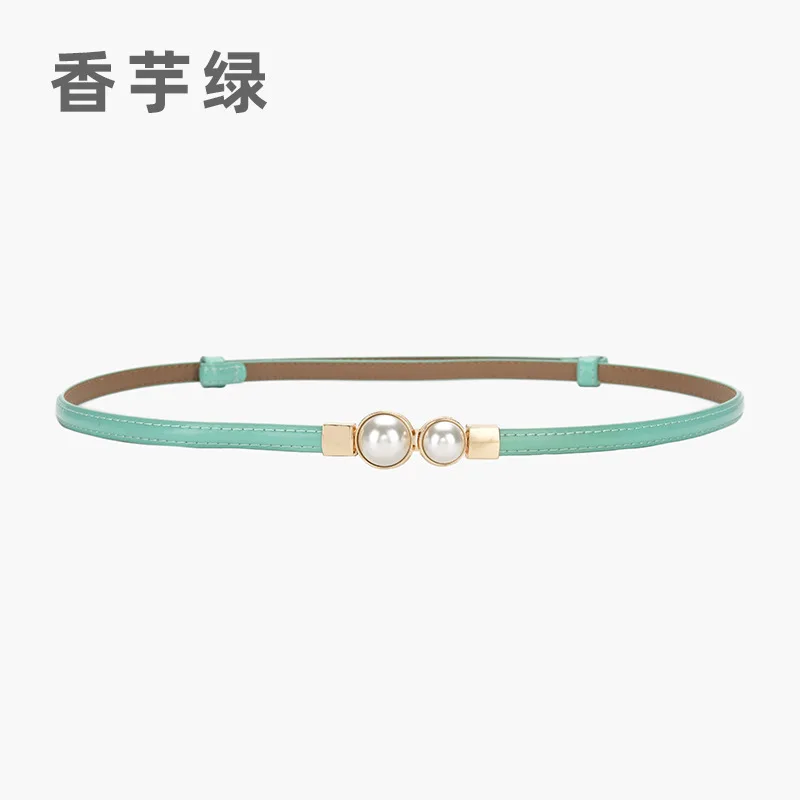 Elegant Women Thin Leather Waist Belt Double Pearl Buckle Slide Adjustable Waistband for Dress Blazer Office Daily Wear