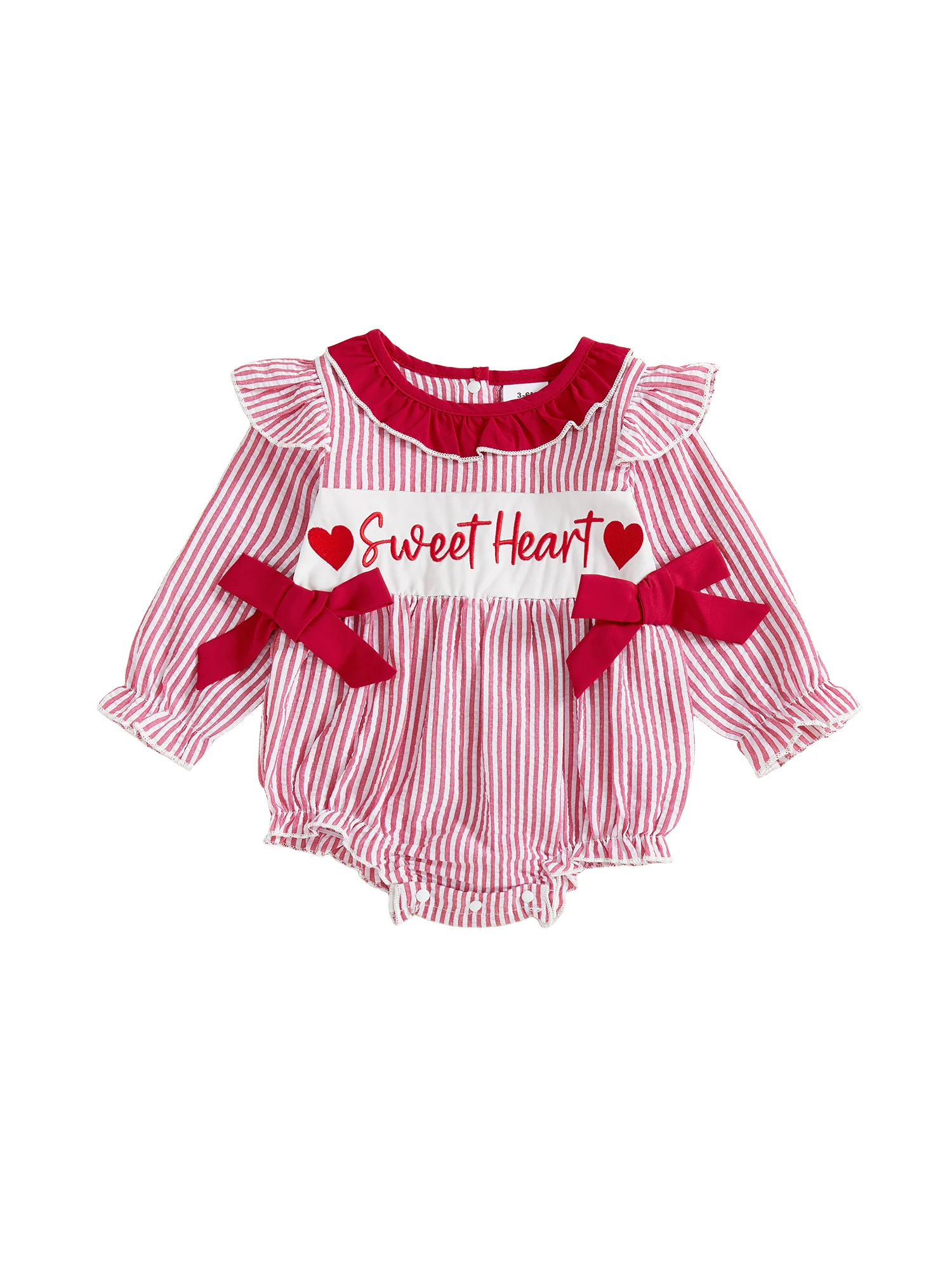 

Toddler Girl Heart Print Long Sleeve Round Neck Ruffle Romper Jumpsuit Valentine s Day Outfit with Bow Detail and Embroidery