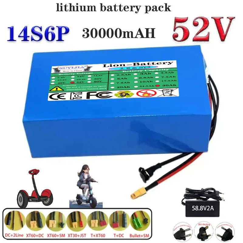 18650 Newly made 52V 20A 14S6P 30Ah lithium battery pack built-in 30A balanced BMS 0-1500W high power power tool, backup battery
