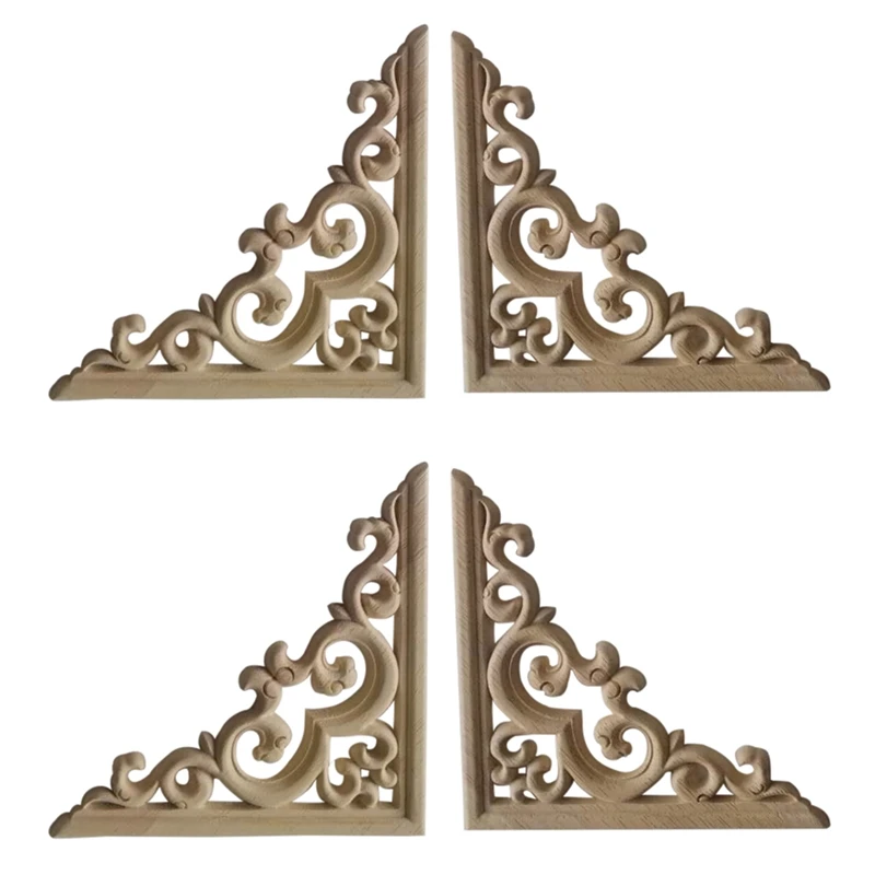 4PCS Unpainted Wooden Mouldings Decal European Wood Appliques For Furniture Cabinet Flower Wood Carving Decorative