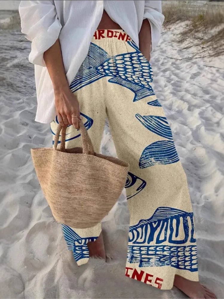 ใหม่สบายๆกางเกงหลวมกีฬากางเกงขากว้างLadyฤดูใบไม้ผลิฤดูร้อนแฟชั่นBeach Partyพิมพ์กางเกง 2025 เสื้อผ้าสตรี