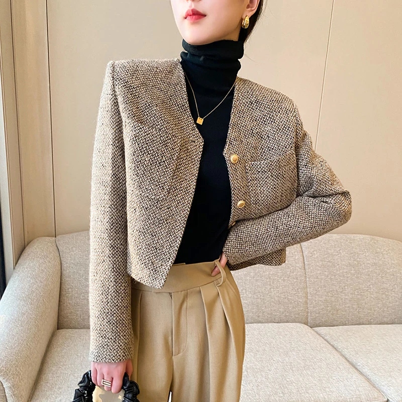 Lucyever Khaki Short Women Jacket Autumn 2023 England Style Simple Tweed Coat Woman Korean Chic Single-Breasted O-Neck Outerwear