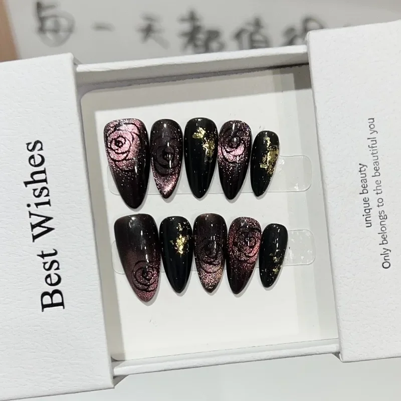 Rose Full Cover False Nails Press on Nails Fake Nails Diy Pure Handmade Removable Fireworks Cat-eye French