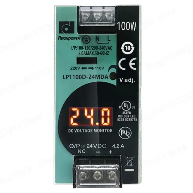 100W DIN Rail Power Supply 24V 12V, REIGNPOWER Switching Source with Digital Display and Short Circuit Overload Protection CE UL