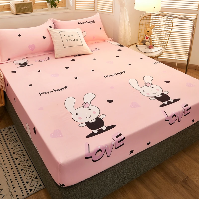 3pcs Pink Cartoon Rabbit Waterproof Fitted Sheet Set Letter Printed Dustproof Bed Cover Adult Kid Bedspread with Pillowcase