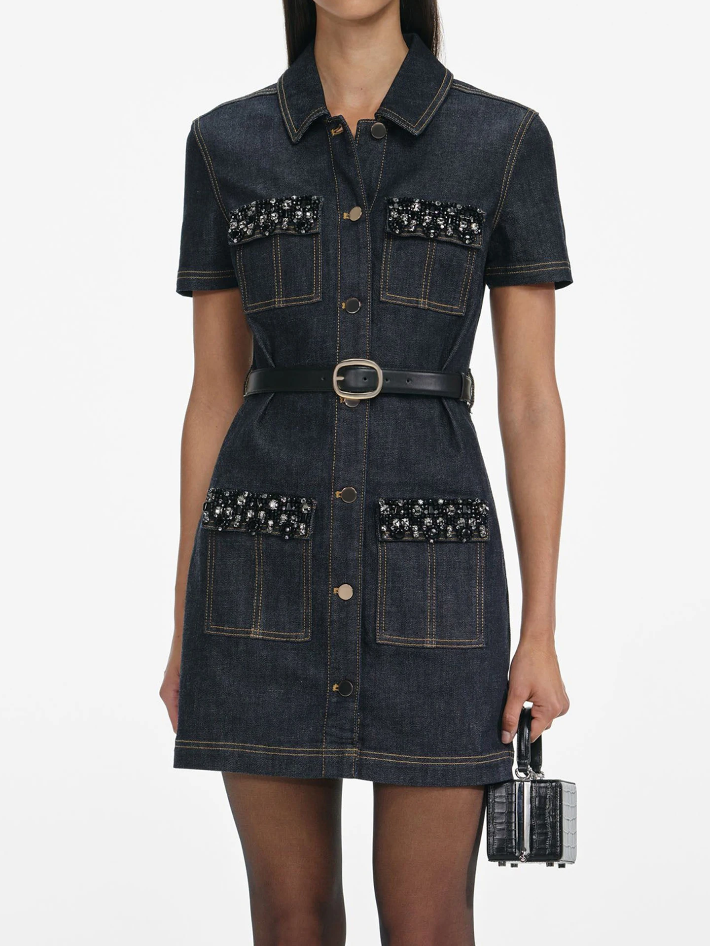

High-End Women's ort Collar Diamond Embellied Denim Dr Ele mat Design High Waist A-Line Skirt Dr