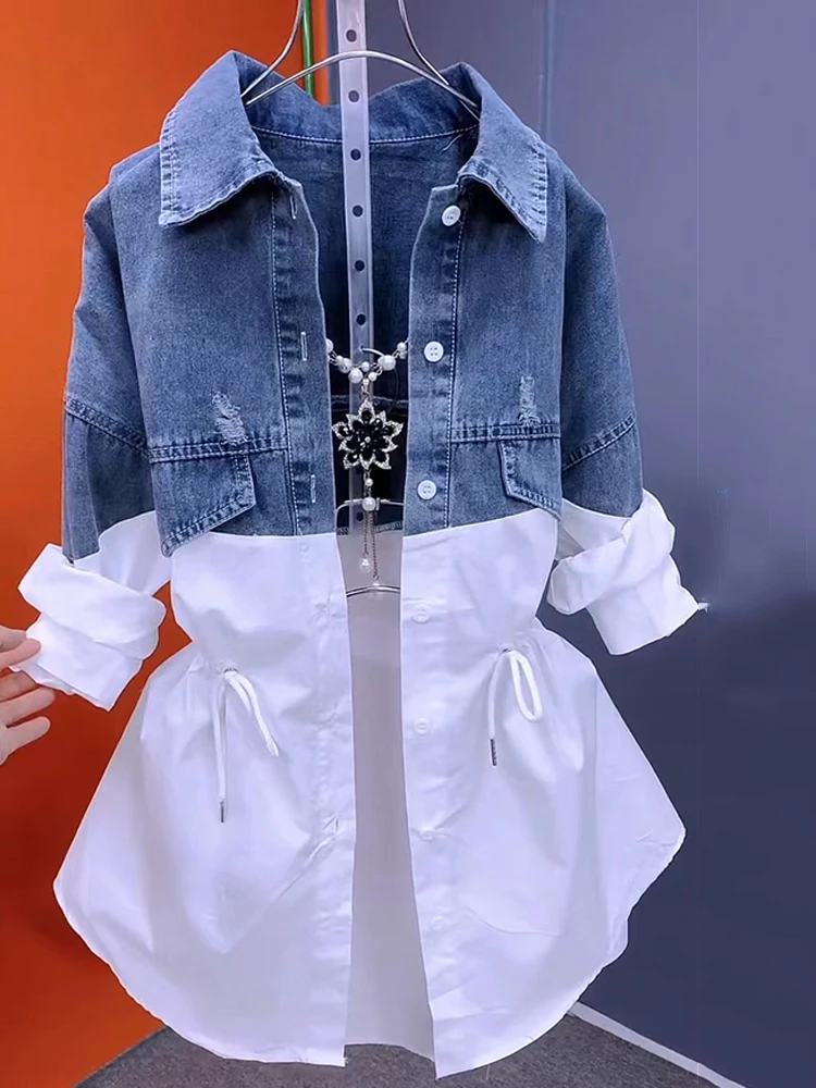 Spring and autumn new denim patchwork shirt fake two pieces age reducing fashion slimming drawstring cardigan jacket
