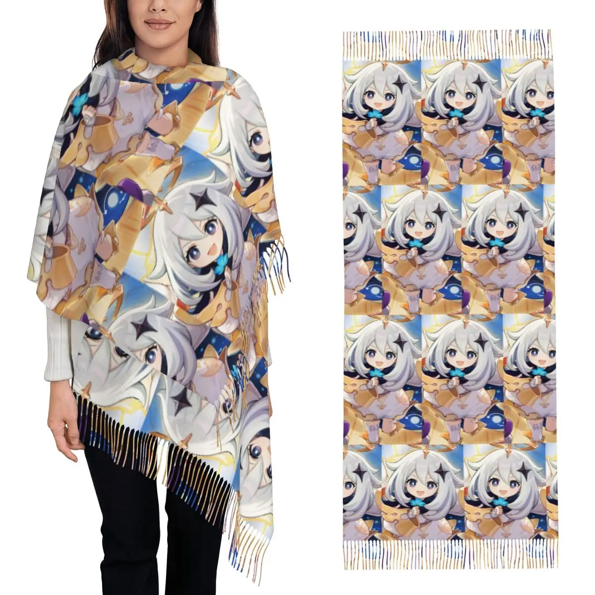 

Genshin Impact Paimon Games Шарф Шарфы с кисточками для женщин Мягкие теплые шали и накидки Большая осенне-зимняя шаль