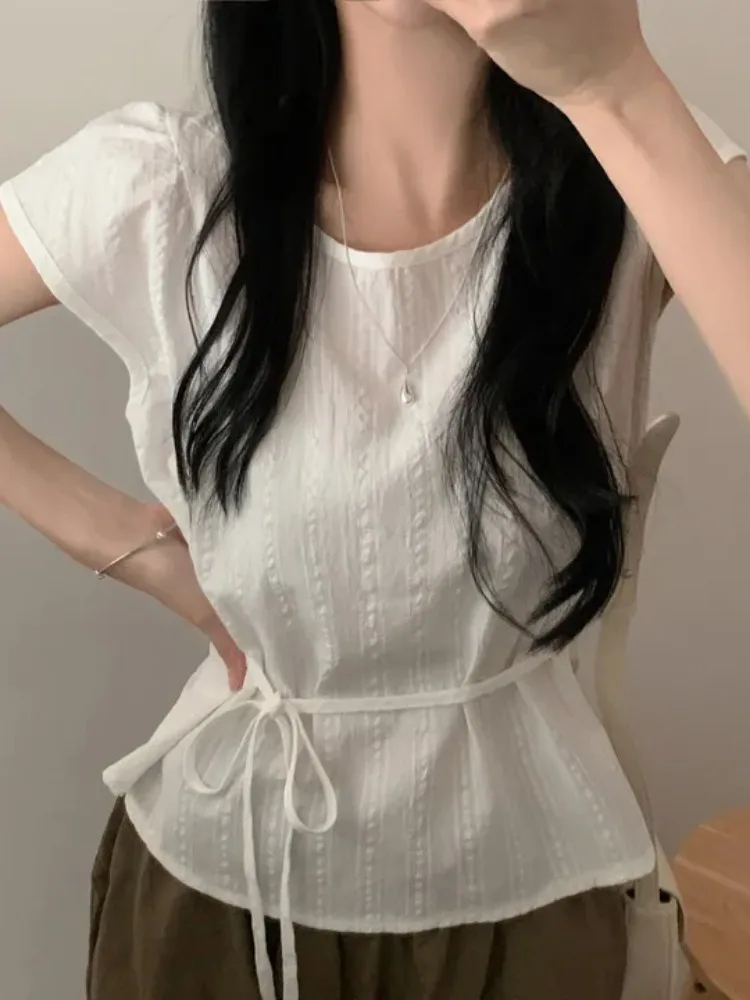 

Ele Chic ort Sve Женский irt round Ne Dstring Waist Summer New Sle Classy Top Quali Материал Другое 00%