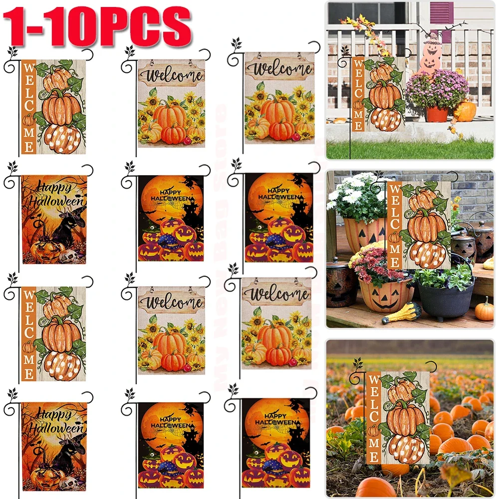 1-10PCS Halloween Backyard Flag Double Sided Autumn Vertical Banner Burlap Welcome Pumpkin Rectangle Fall Halloween Party Decor