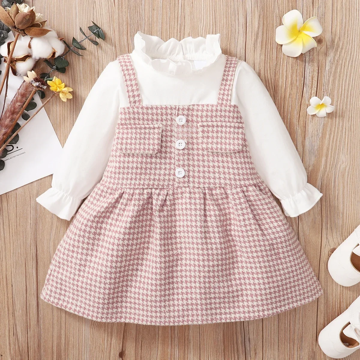 PatPat Frilly Collar Long-sleeve Splicing Pink Baby Faux-two Houndstooth Dress Perfect for Outings and Daily Wear