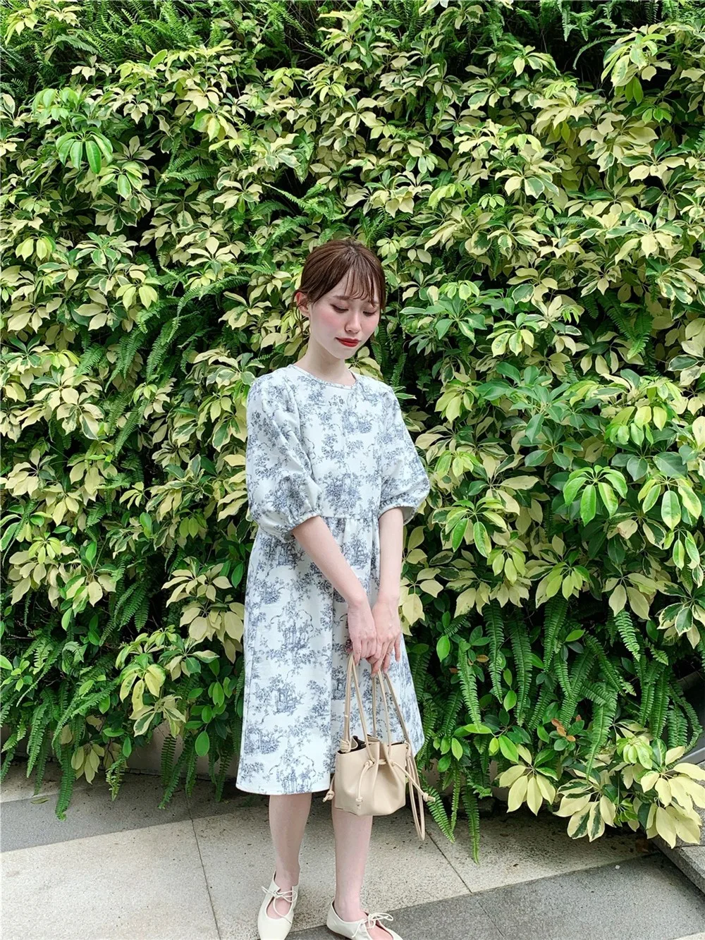 

Japanese Sle round Ne Printed Midi Dr Bal Belted Summer Dr Cotton Sweet Sle A-Line Dr ort Sve
