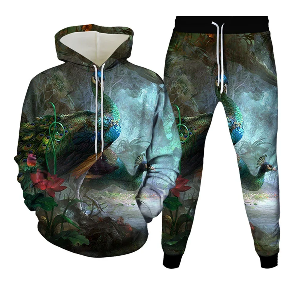 Animal Beautiful Peacock 3D Printed Hoodie Suit Men Sweatshirts Sweatpants Casual Fashion Two Piece Tracksuit Set Men's Clothing