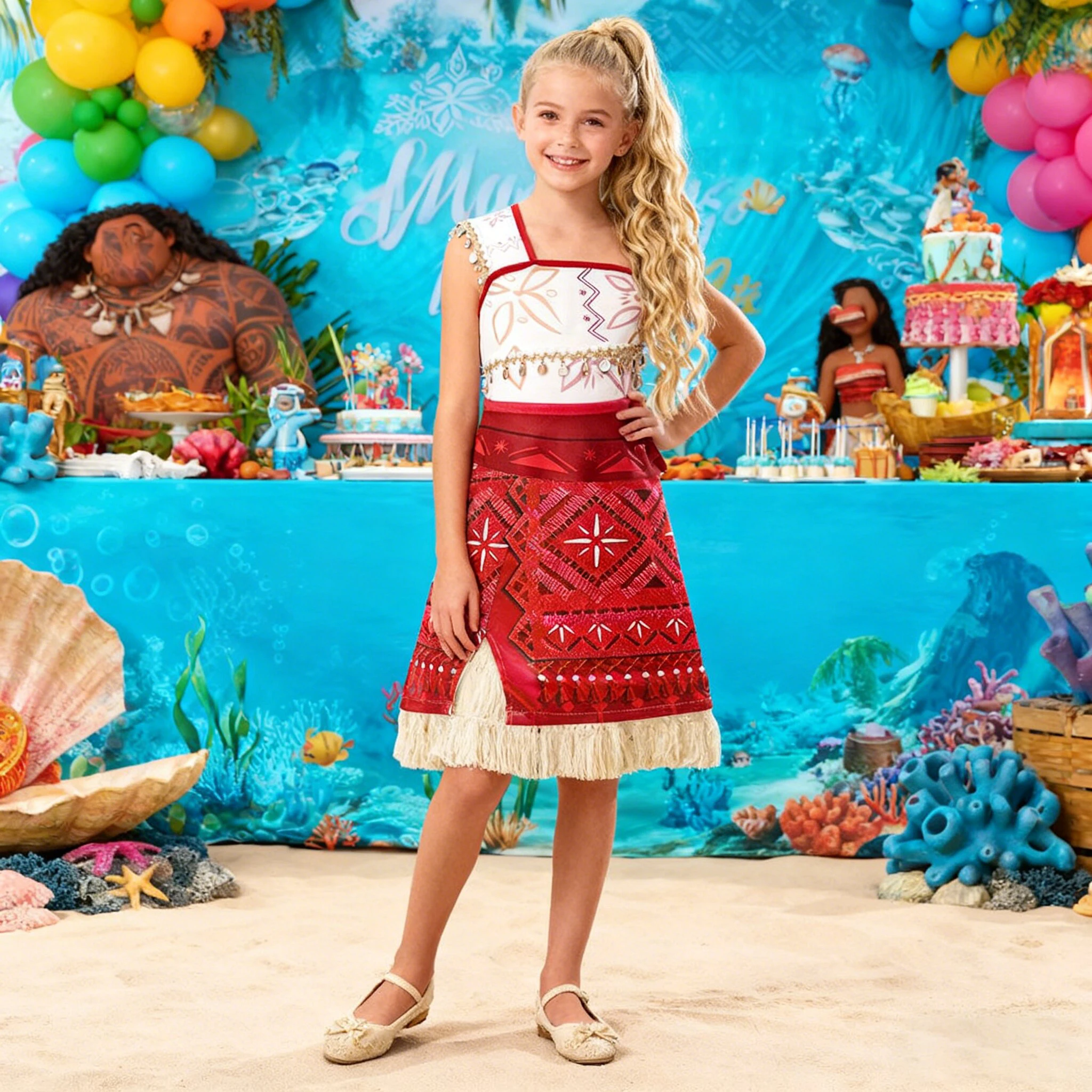Elegante Moana Vaiana Ozean Abenteuer Party Mädchen Kleid Cartoon Polynesian Vaiana Rolle Spielen Prinzessin Kleid Mädchen Geburtstag Kostüm
