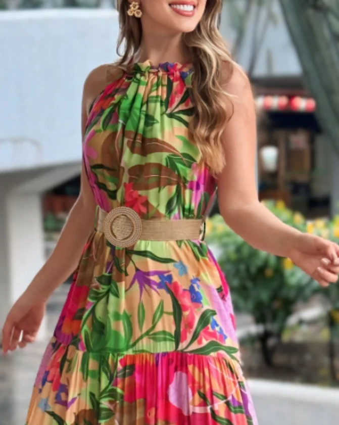 Women's Dresses Elegant Tropical Print Halter Ruched Sleeveless Maxi Dress Women High Waist Casual A Line Flowy Smock Dress